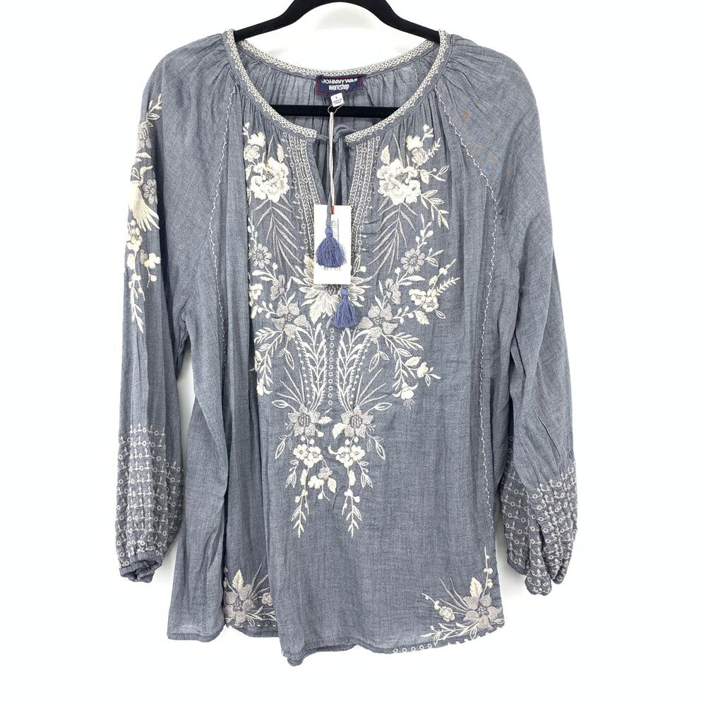 Johnny Was Workshop Oleander Marrakesh Blouse L Blue Chambray Cream Embroidery
